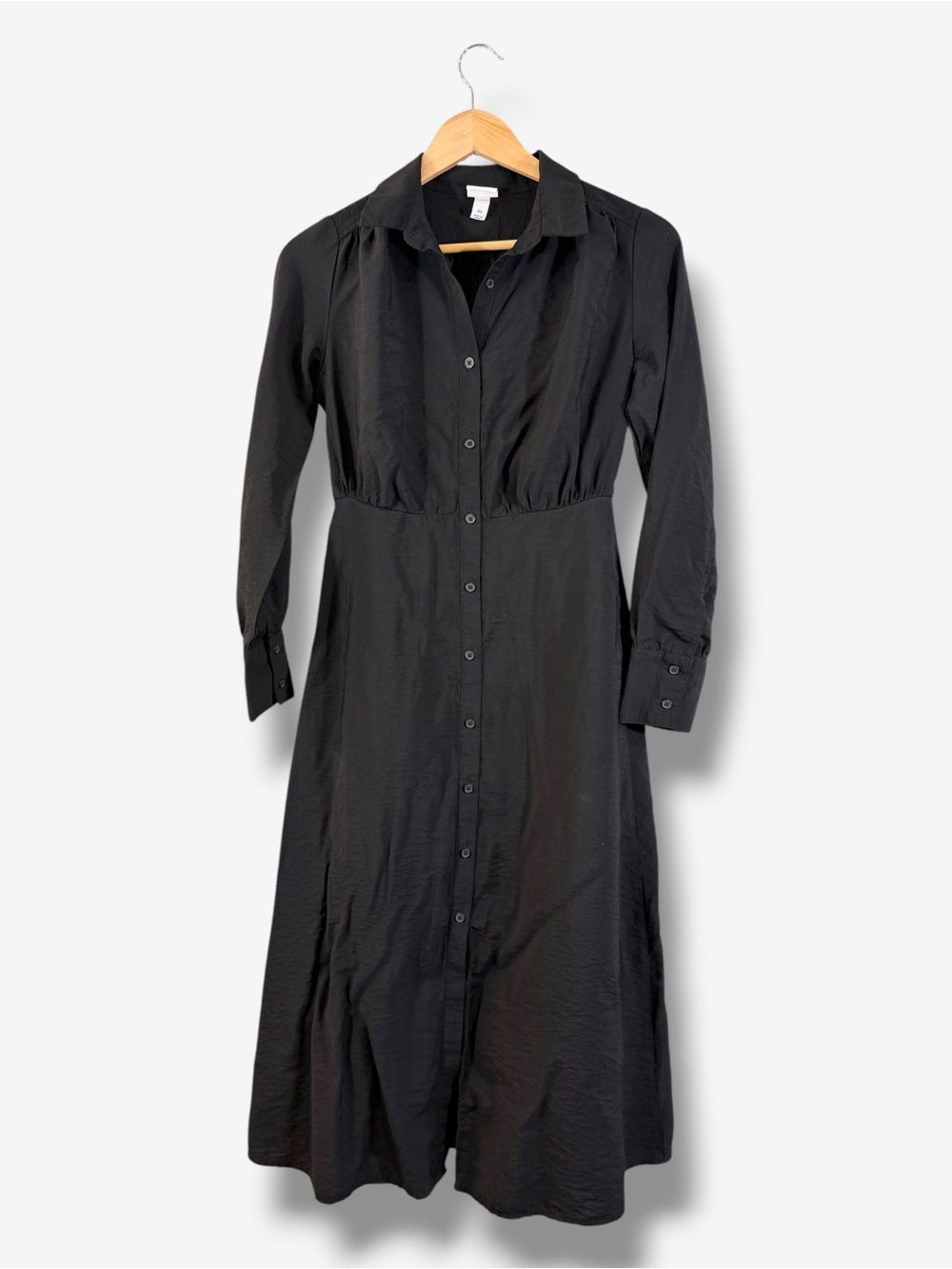 a new day Black Midi Dress XS Long Sleeve Button Front Minimalist Casual Witchy